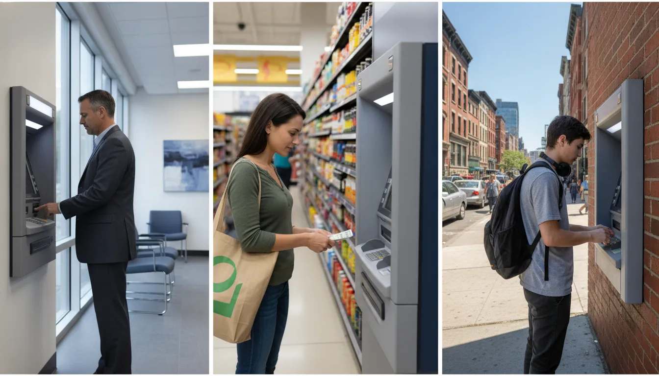 Multiple ATMs in different settings in the USA, showing a bank, supermarket, and street corner.