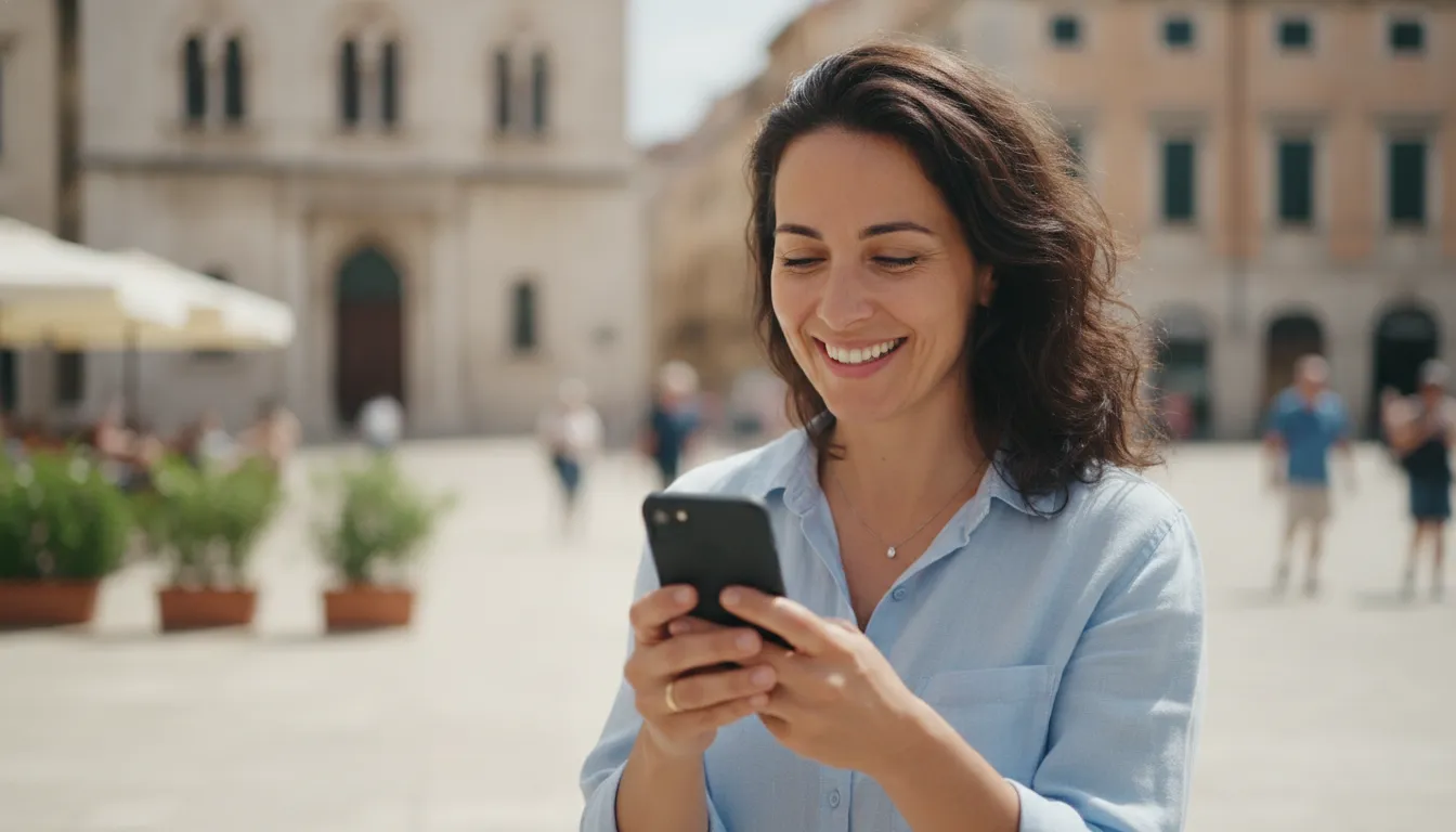 A person happily using their phone while travelling abroad in a city.