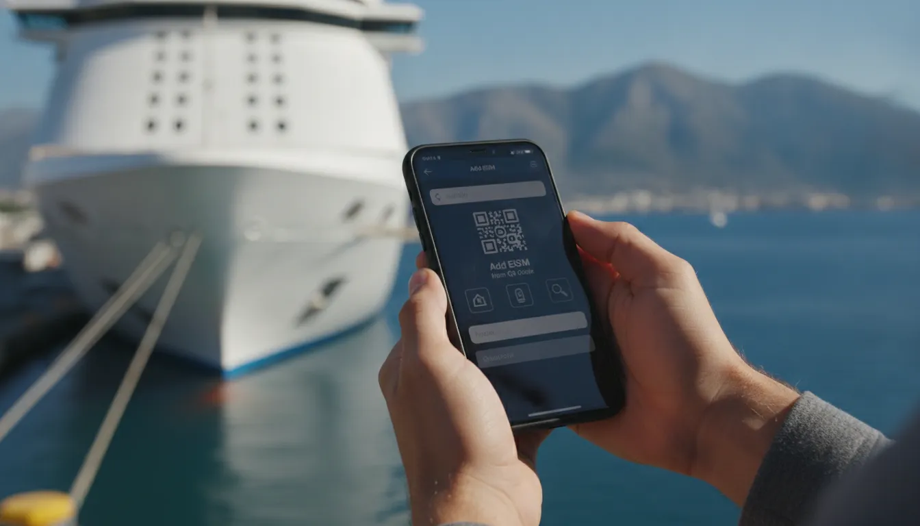 Hands holding a smartphone displaying an eSIM installation process, with prompts to scan a QR code and activate the digital SIM.