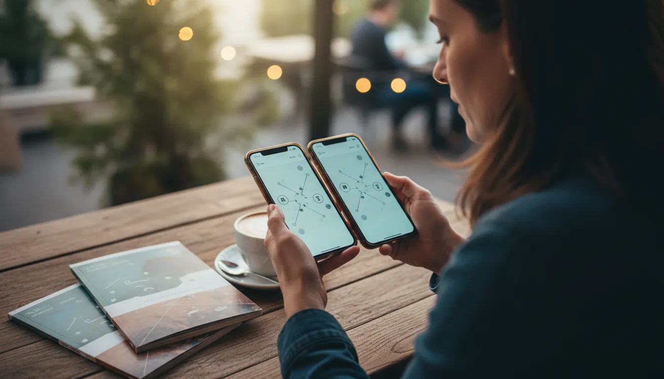 Two smartphones displaying different network coverage maps side-by-side, held by a person comparing them.
