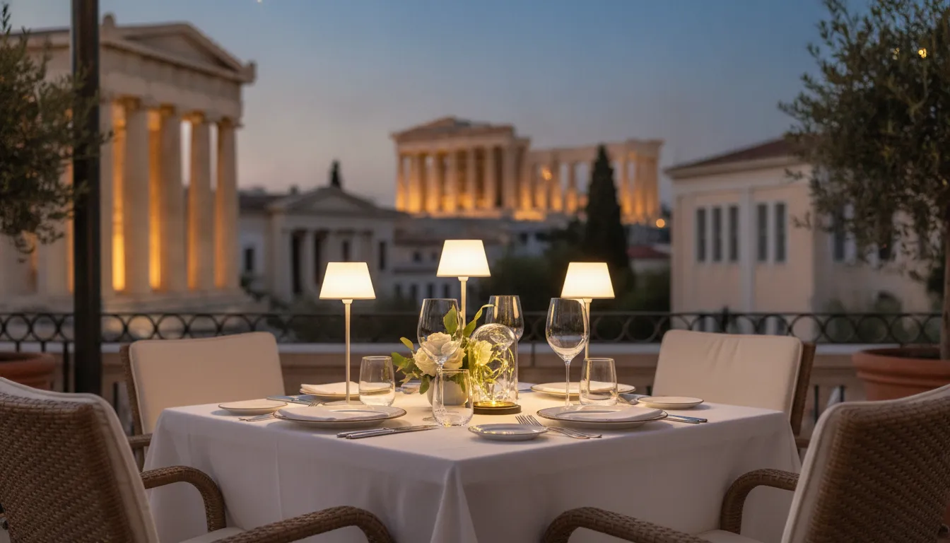 A romantic dinner table setting with fine china and candles in an Athens restaurant.