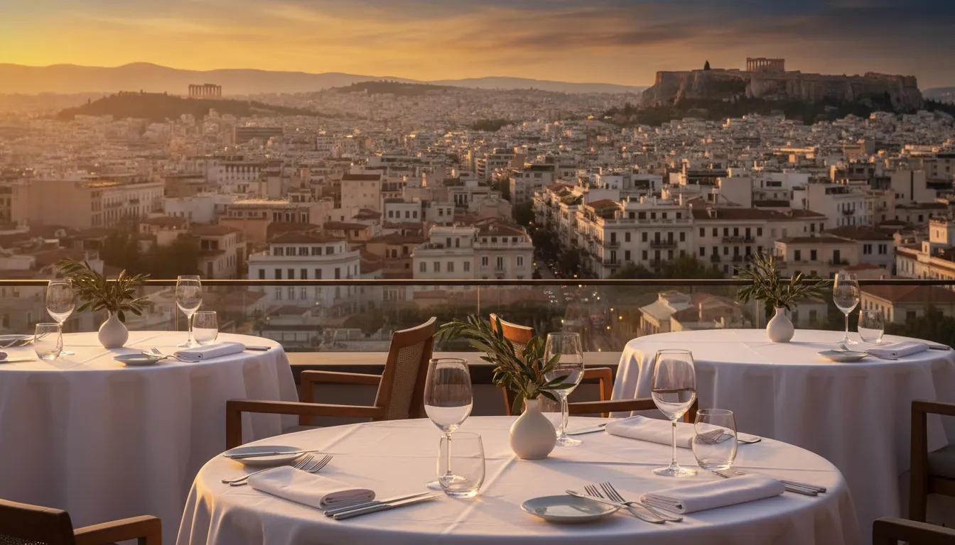 A rooftop restaurant in Athens with stylish seating and city views.