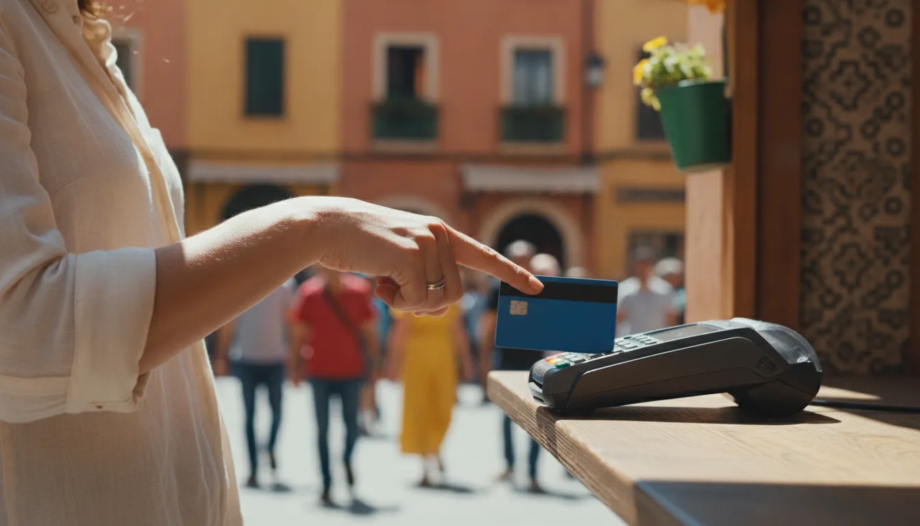 A person making a contactless payment with a debit card at an outdoor vendor stall in a sunny European city.