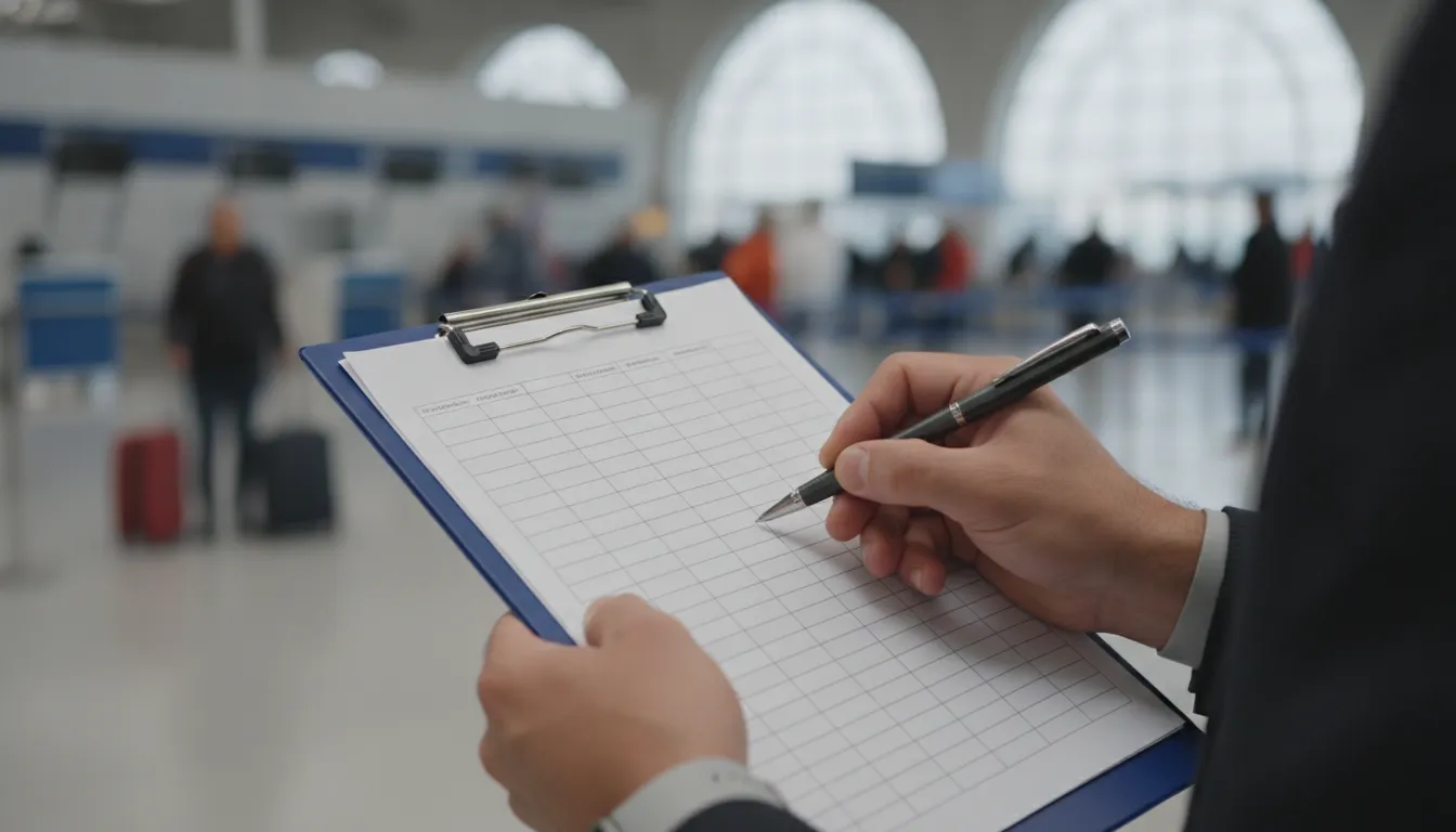 A person filling out the FinCen 105 form for cash declaration at a US customs desk.