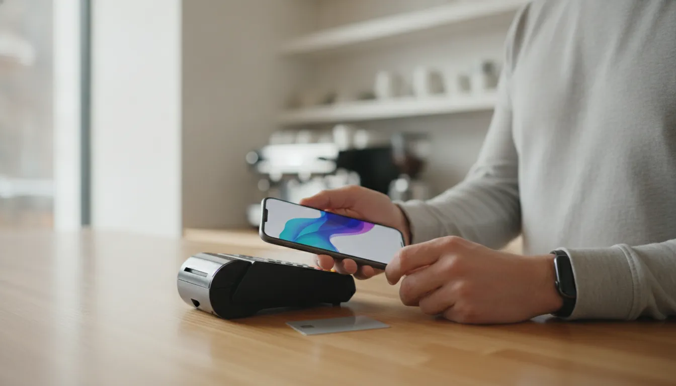 A hand holding a smartphone making a digital payment at a store checkout.