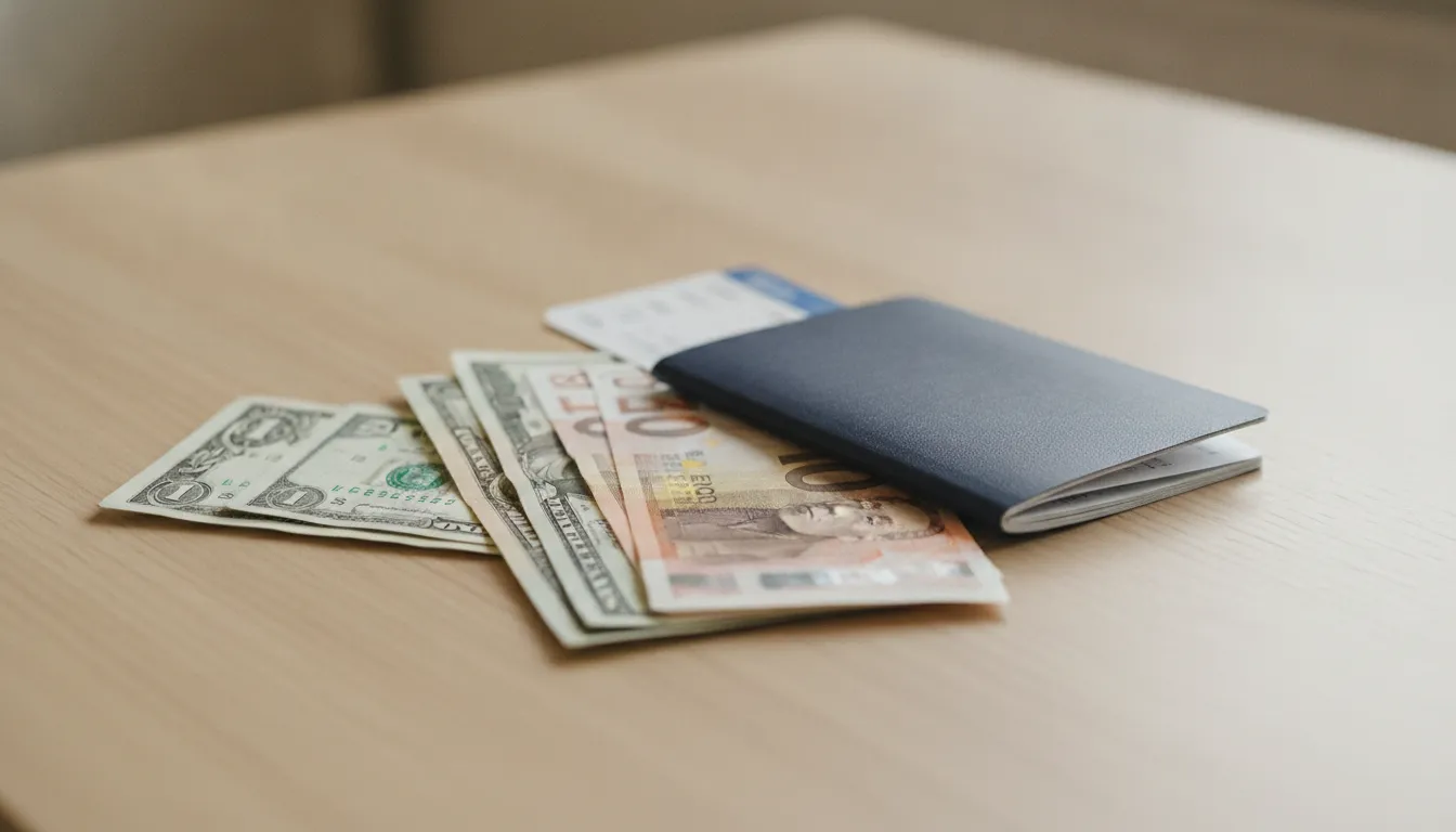 Various international banknotes and a passport on a table, representing money for travel.