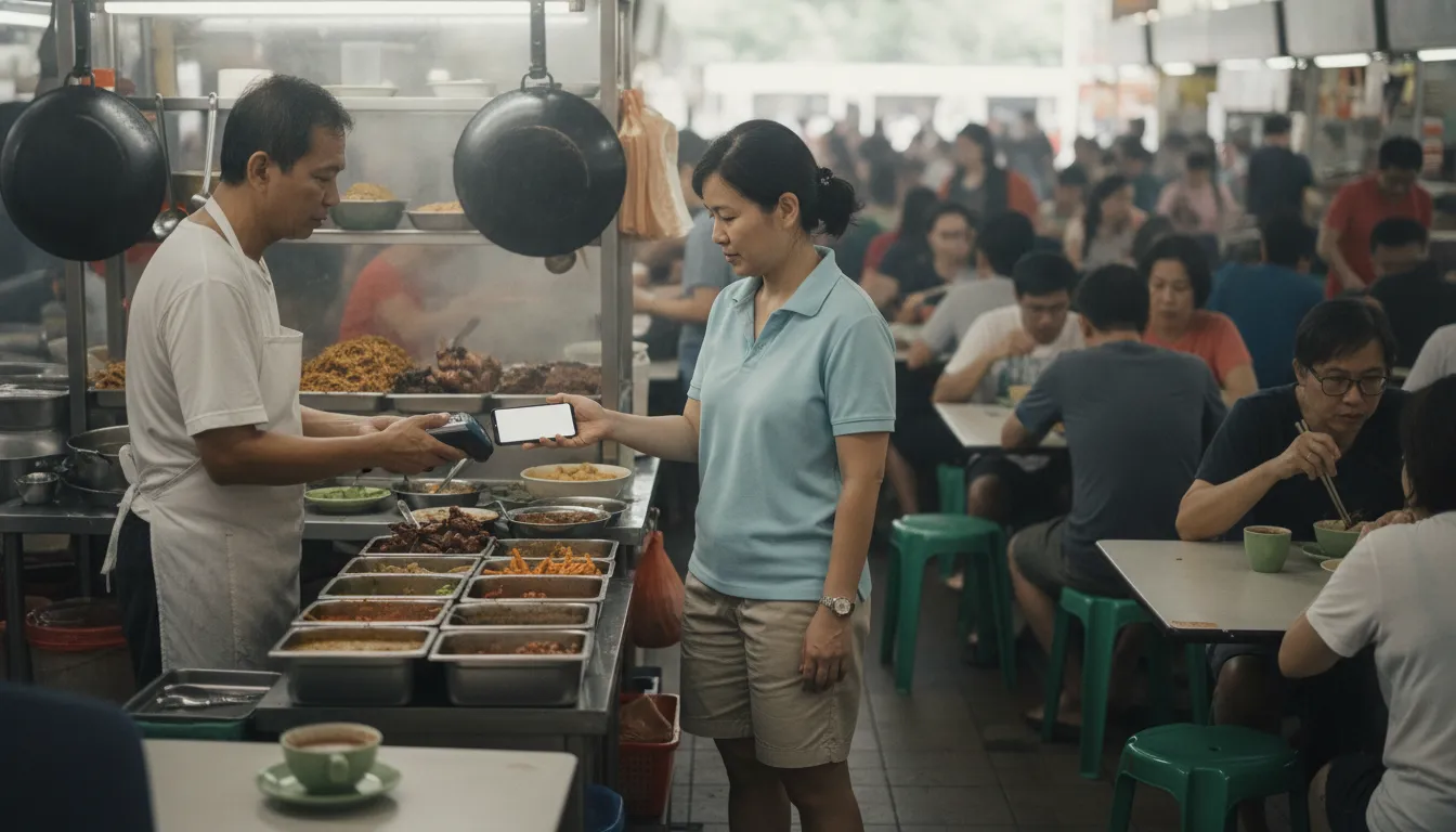 A busy hawker centre in Singapore with people eating and various food stalls.