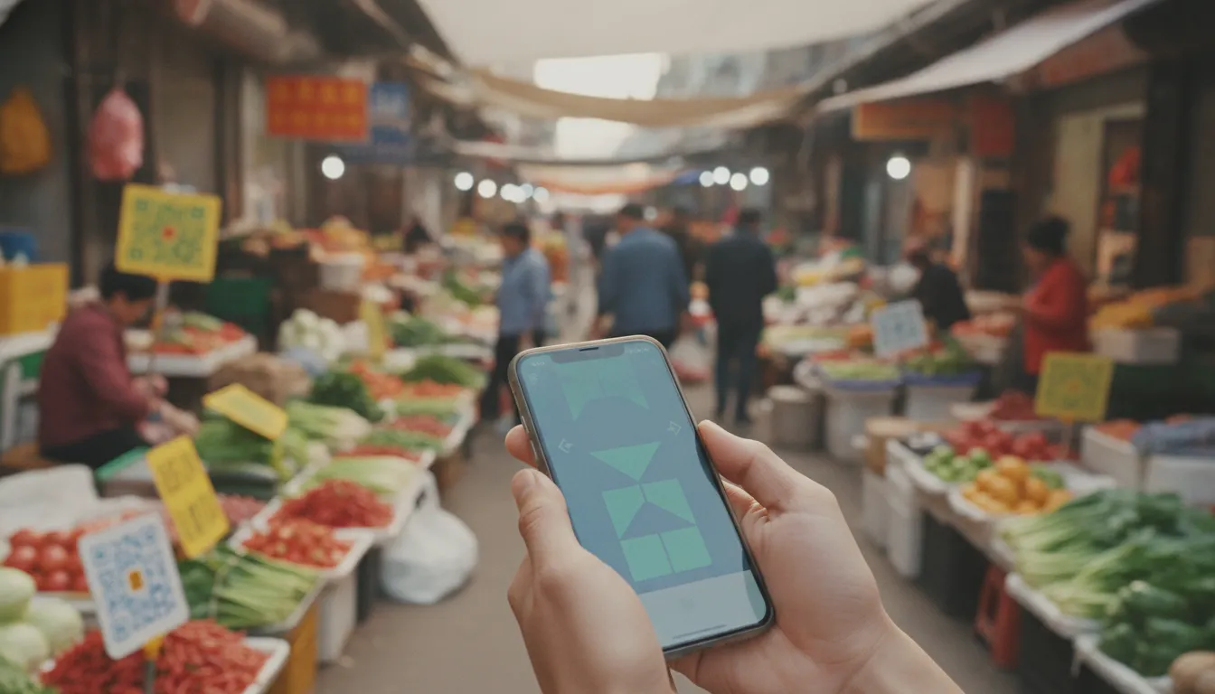 A UK tourist looking at their phone with a payment app open, standing in a bustling Chinese market street, preparing to pay a vendor. The scene is vibrant and active.