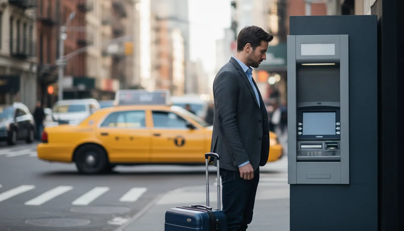 A traveler, possibly from the UK, looking at an ATM screen in a bustling American city, perhaps New York, with a suitcase nearby and a taxi passing by.