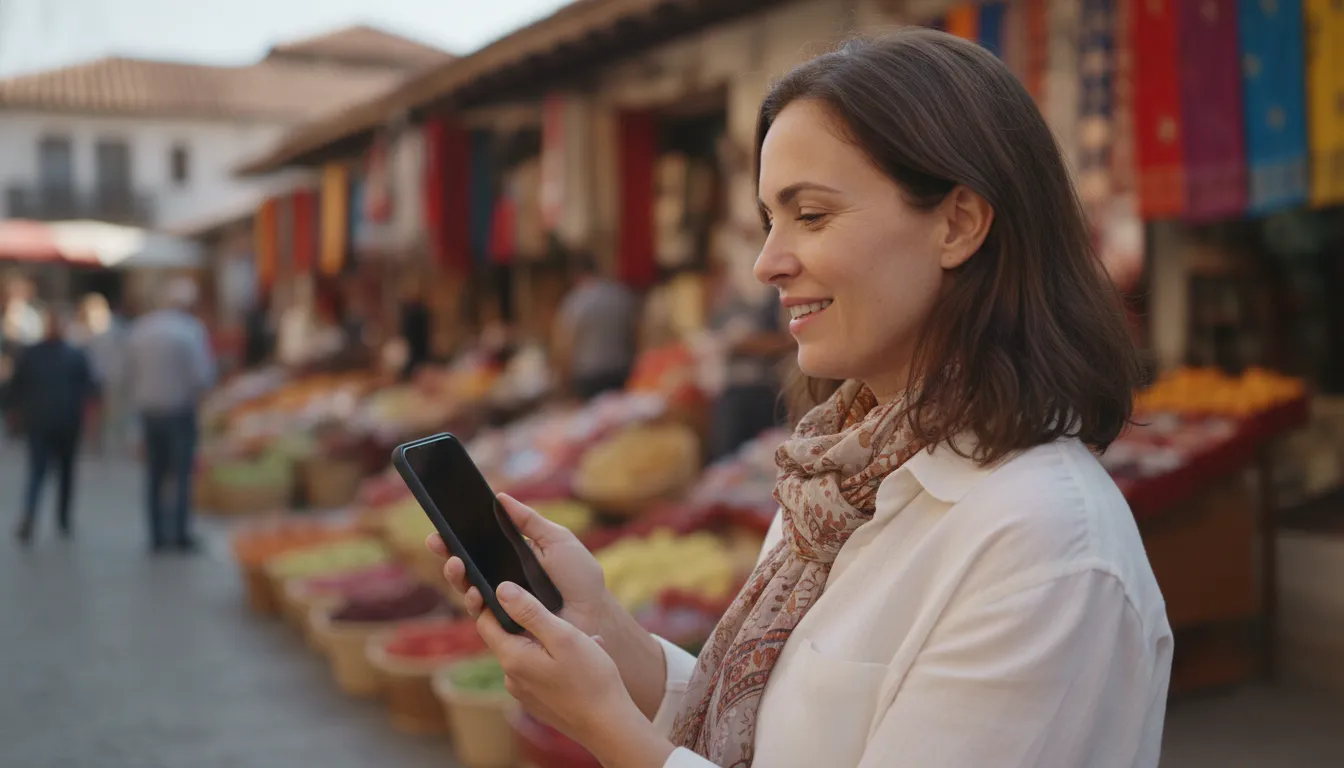 A person, possibly a UK traveller, standing in a vibrant market abroad, looking at their phone screen with a happy expression, suggesting seamless connectivity and ease of use.