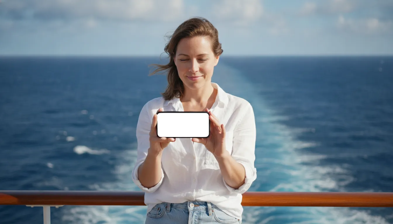A person on a cruise ship deck looking at their smartphone with the ocean and sky in the background, enjoying a moment of connectivity.