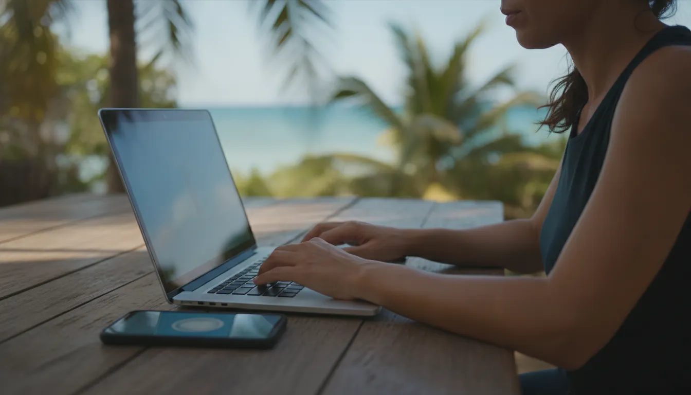 A digital nomad works on a laptop at a scenic beach cafe in Thailand, with a smartphone displaying an eSIM logo nearby, capturing the essence of remote work and global connectivity.