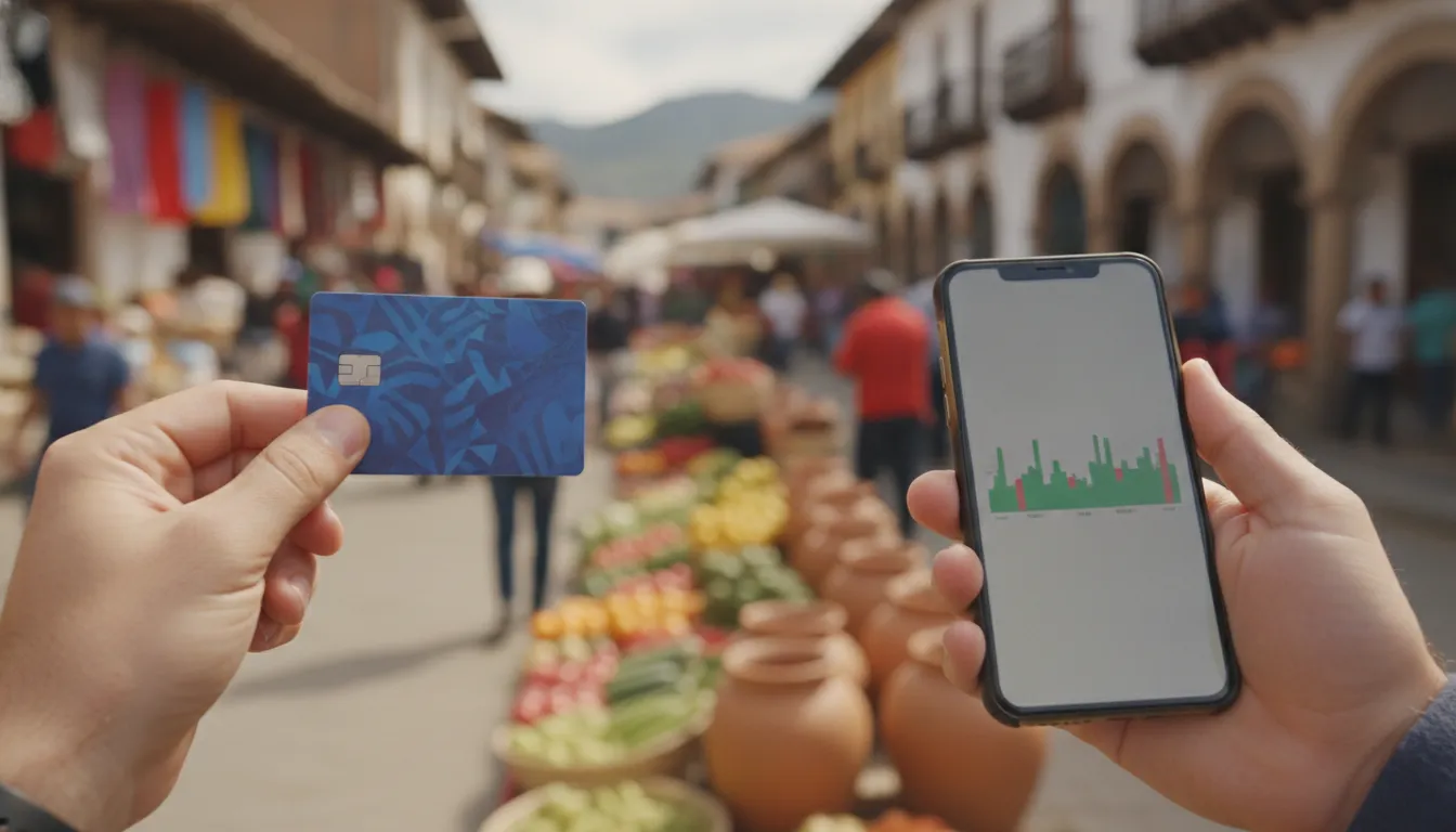 A person holding a UK debit card at a vibrant street market abroad, checking their phone for currency exchange rates, with local food stalls and architecture in the blurred background.