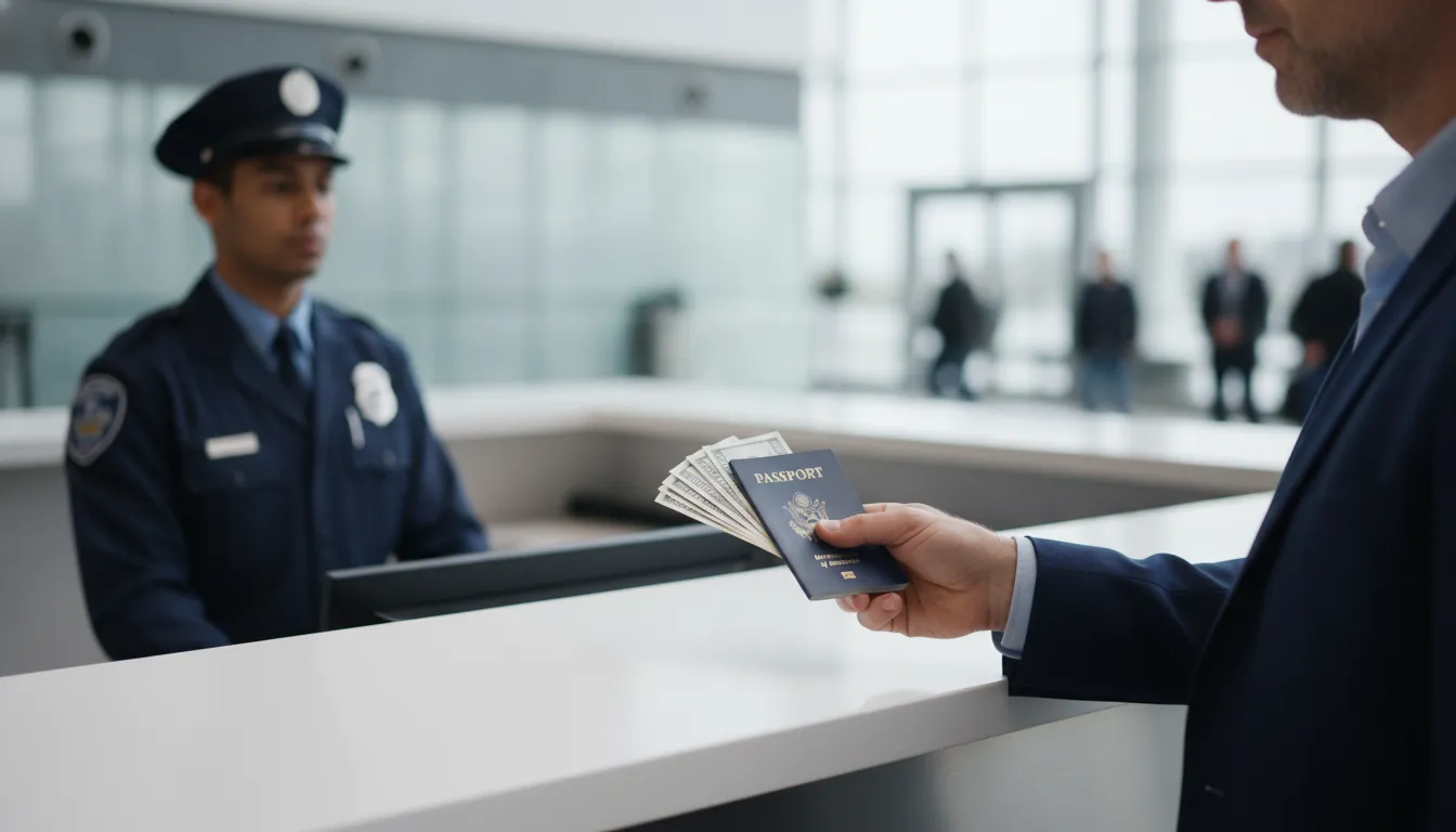 A business traveler going through customs at a US airport, holding a passport and a small stack of cash, with a customs officer in the background.