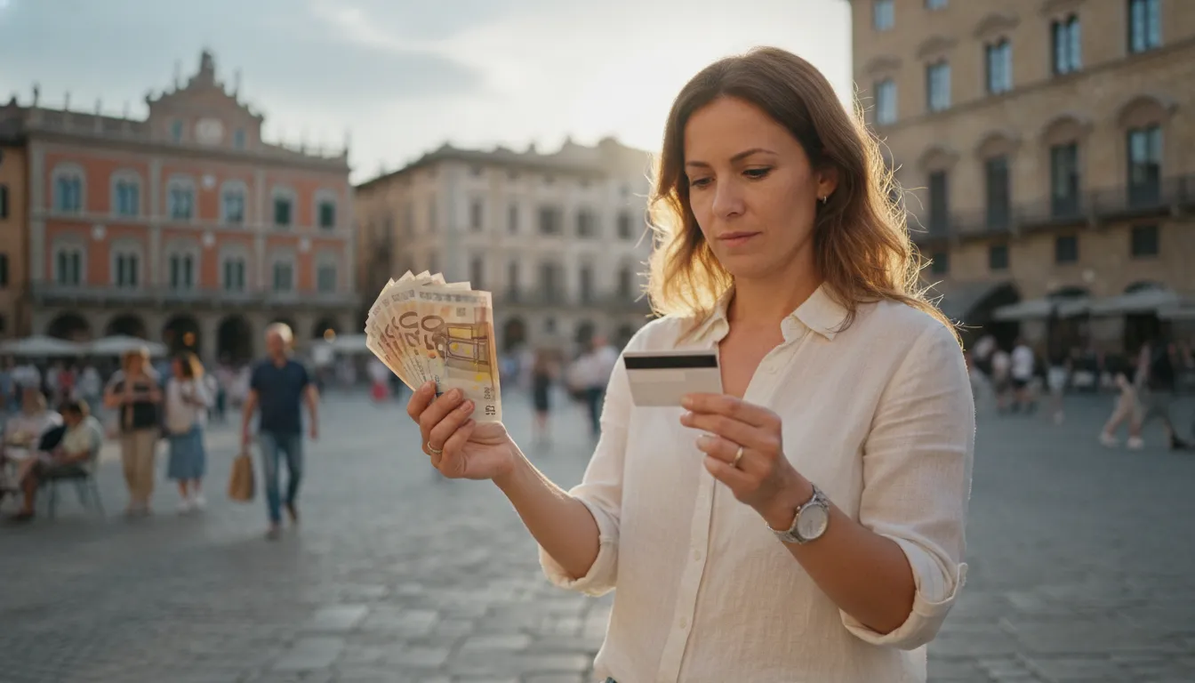 A person holding both Euros and a credit card while standing in front of a bustling Italian piazza, with historic buildings and people in the background, warm daylight.