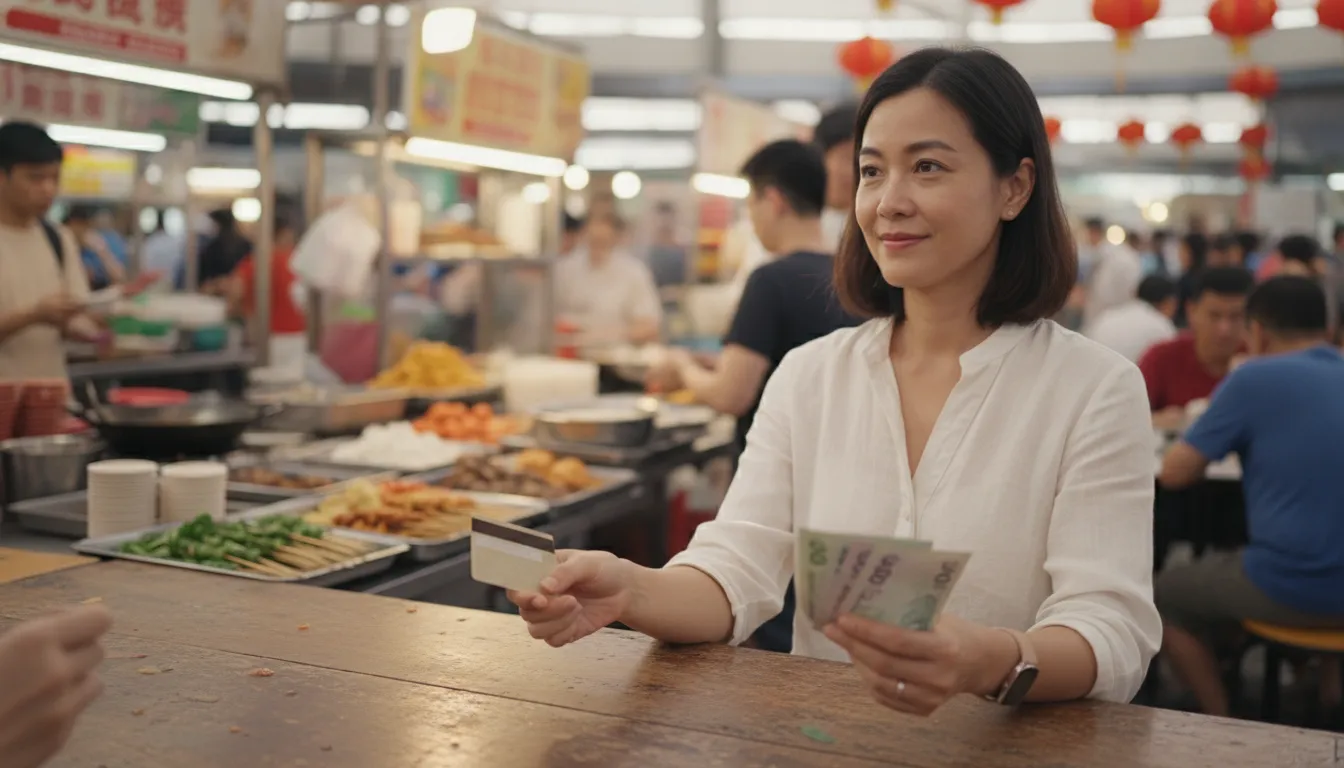 A tourist is paying for food at a bustling Singapore hawker centre, holding a credit card in one hand and Singaporean dollars in the other, with the vibrant stalls and people in the background, daytime.