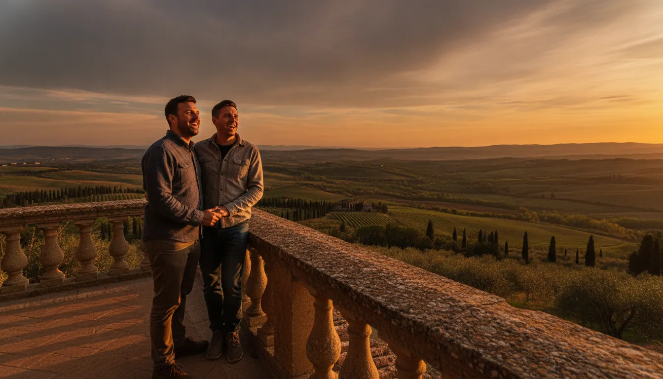 A smiling British couple standing on a picturesque balcony of an ancient Italian villa, overlooking a rolling Tuscan landscape at sunset, holding hands and looking excited.