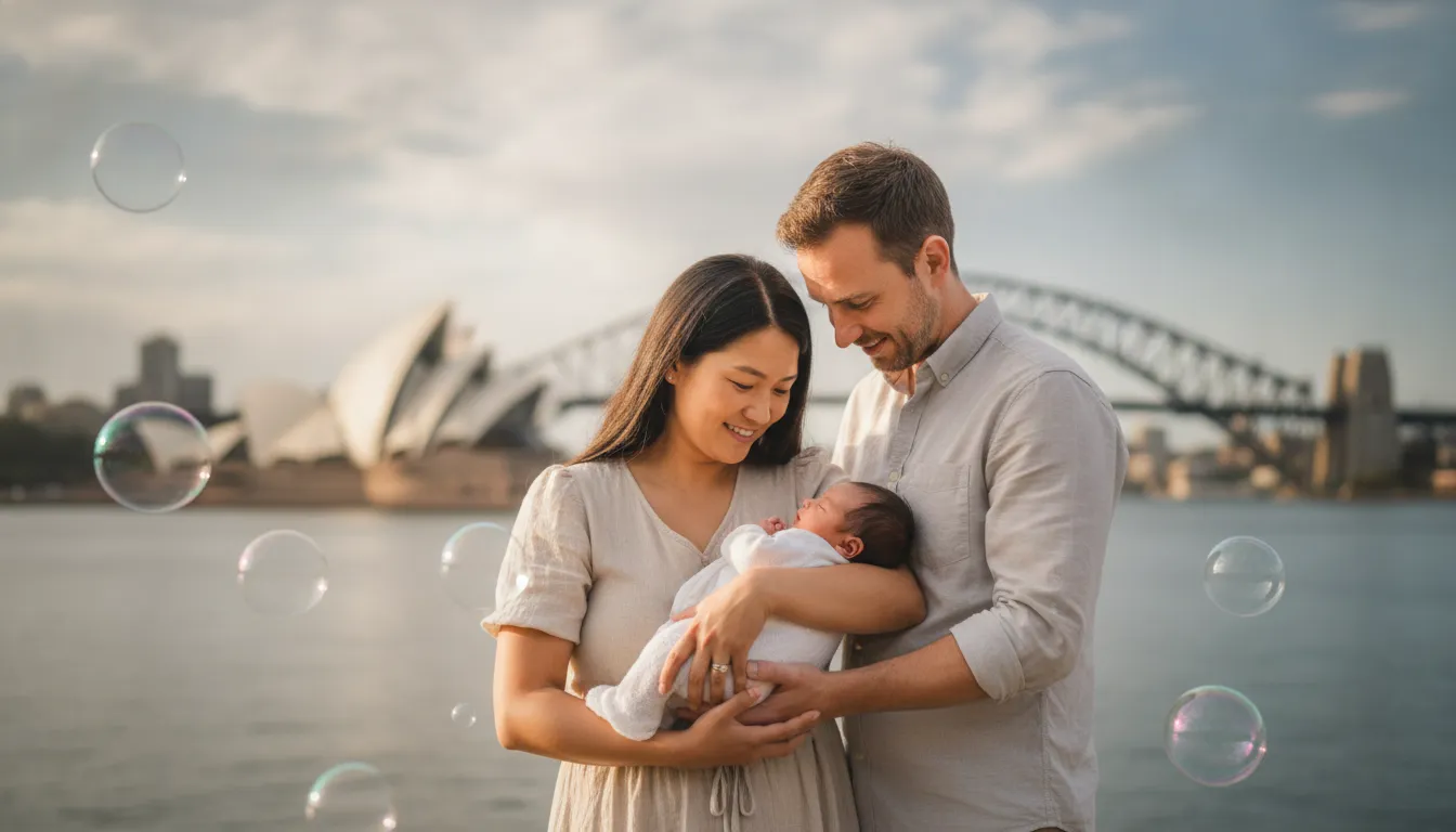 A warm, inviting image showing a diverse family with a newborn baby, set against a blurred background of iconic Australian landmarks, emphasizing the journey of new parenthood abroad.