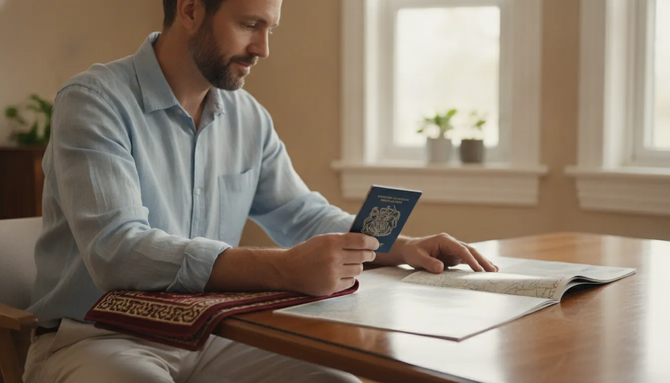 A thoughtful British pilgrim, perhaps holding a UK passport and a prayer mat, looking towards a travel brochure or map, representing the start of their Hajj journey.