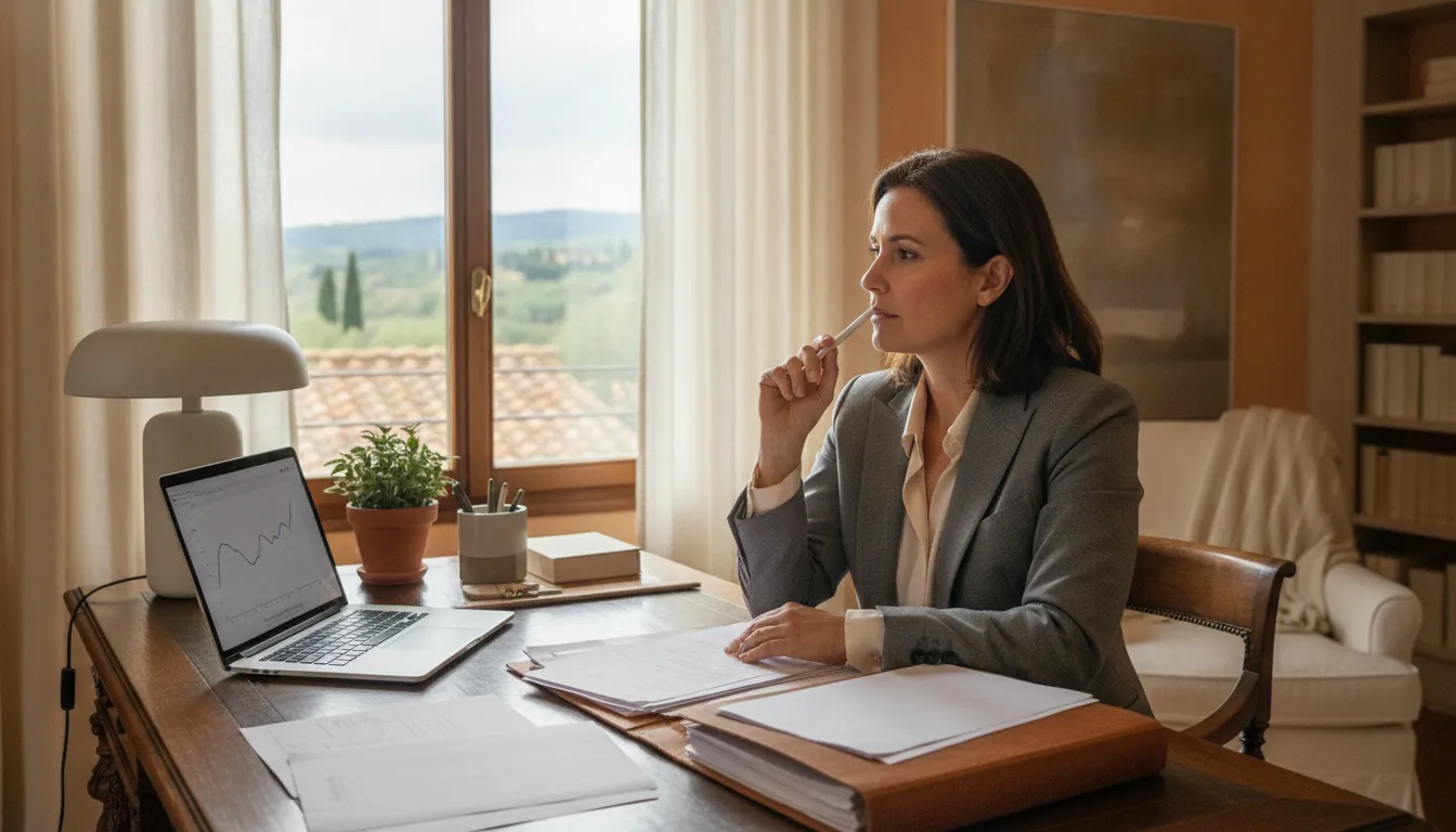 A person with a thoughtful expression reviewing legal documents at a desk in a tastefully decorated Italian home, a laptop open next to them, suggesting cross-border financial planning.