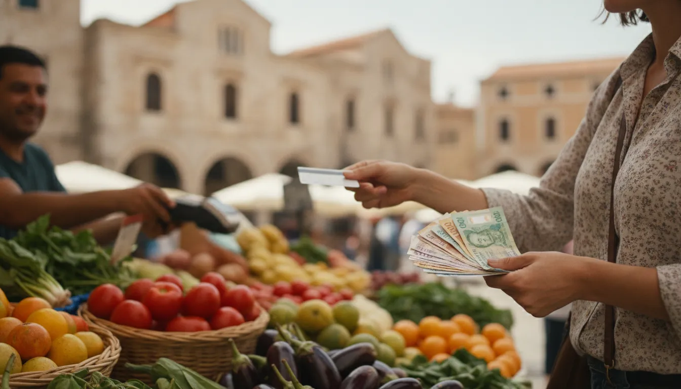A person paying with a Mastercard at a bustling market stall in an overseas city, with local currency in hand and historic buildings in the background.