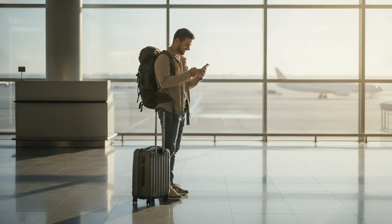 A person, clearly excited, standing with a suitcase and backpack near an airport gate, checking their phone, with the soft light of early morning streaming through a large window.