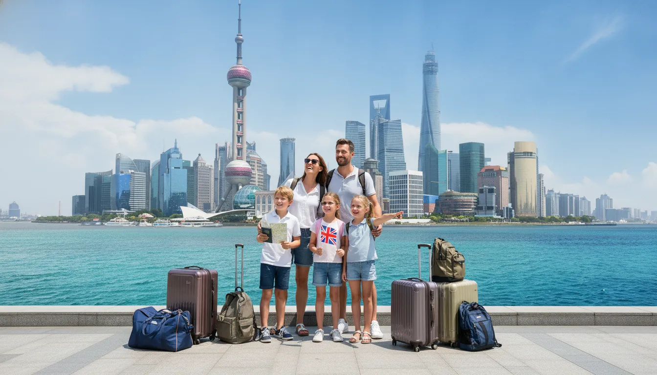 A British family standing in front of the Shanghai skyline, looking excited, with travel bags, representing relocation to China.