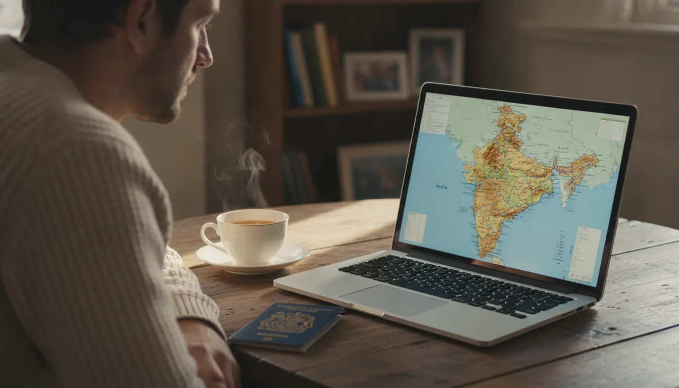 A British expat looking at a map of India on a laptop, with a cup of tea and a UK passport nearby, bathed in warm, soft light.