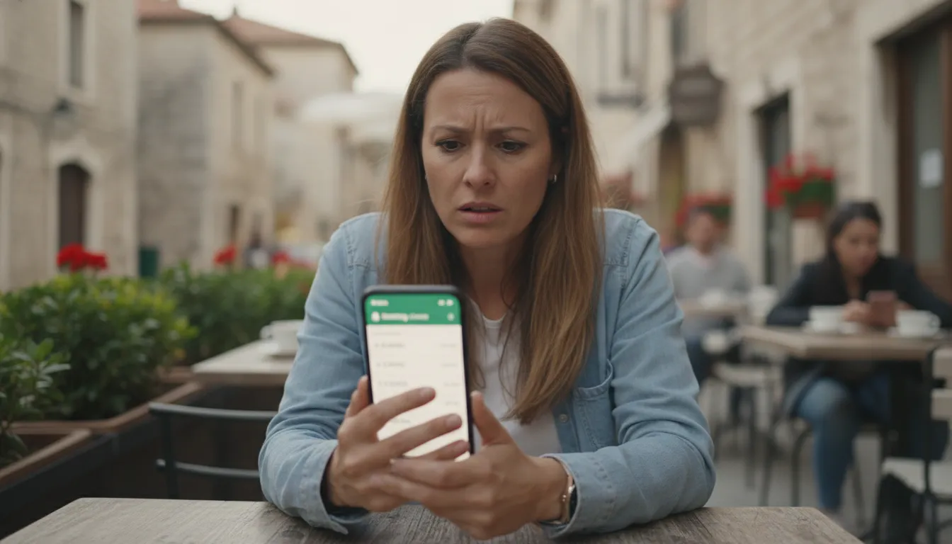 A person on vacation, looking at their phone with a bank statement open, showing extra charges, a blurred background of a European street cafe in soft daylight.