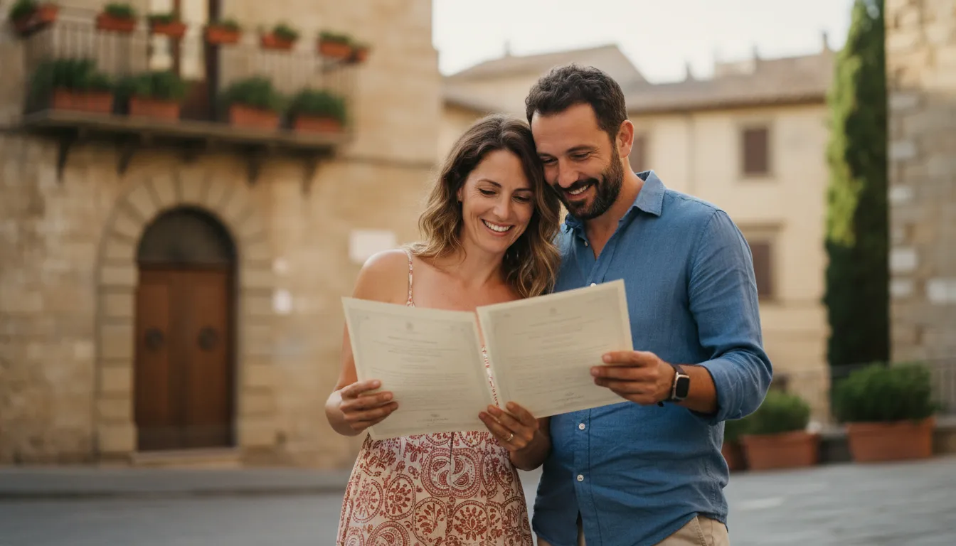 A happy couple, possibly British and Italian, looking at official documents with a scenic Italian backdrop, perhaps a historic town square or a sunny vineyard in the distance.