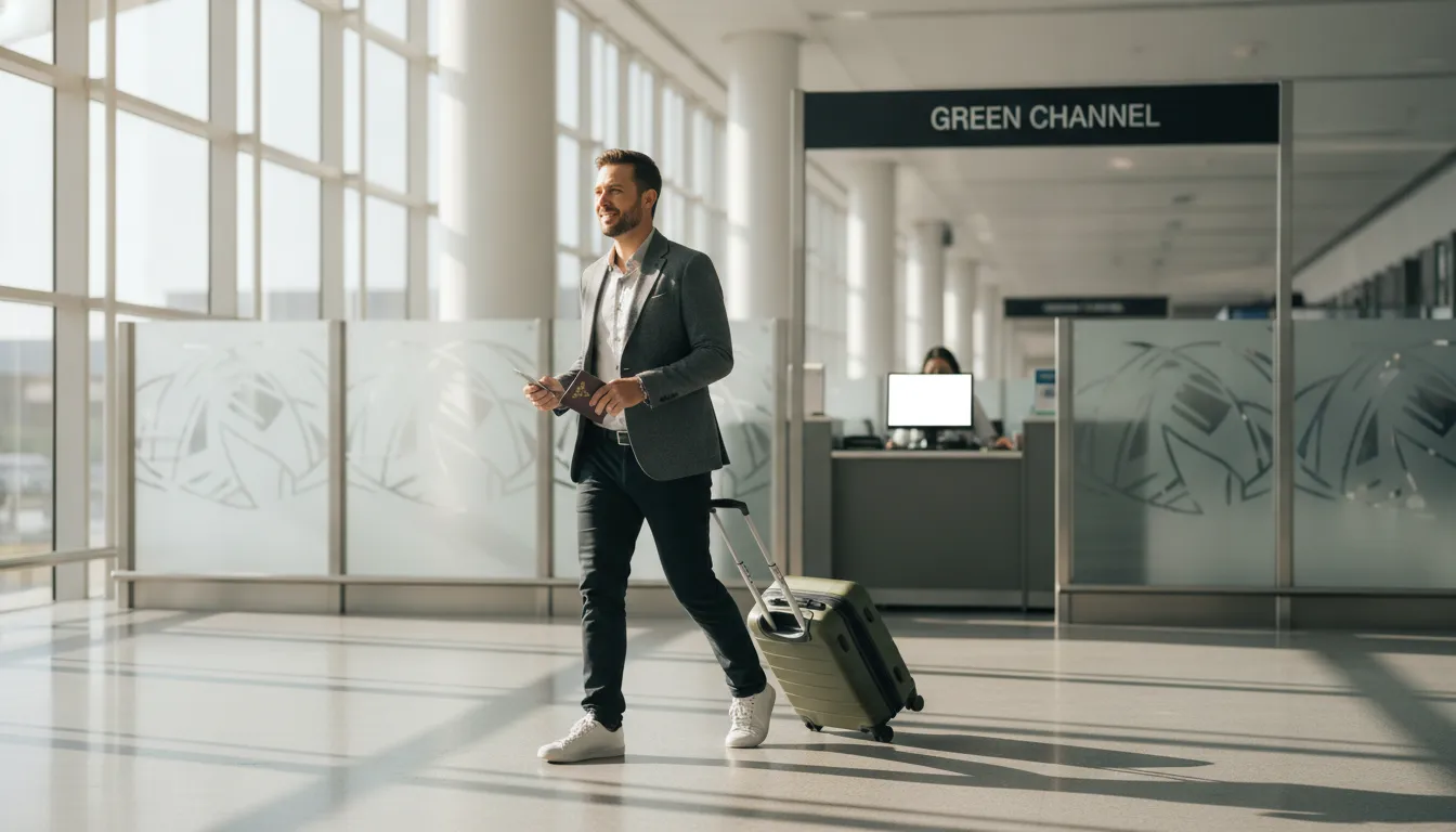 A traveler confidently walking through the 'green channel' at a modern Thai airport, past a customs desk, with their passport and a small bag in hand, sunlight streaming in.