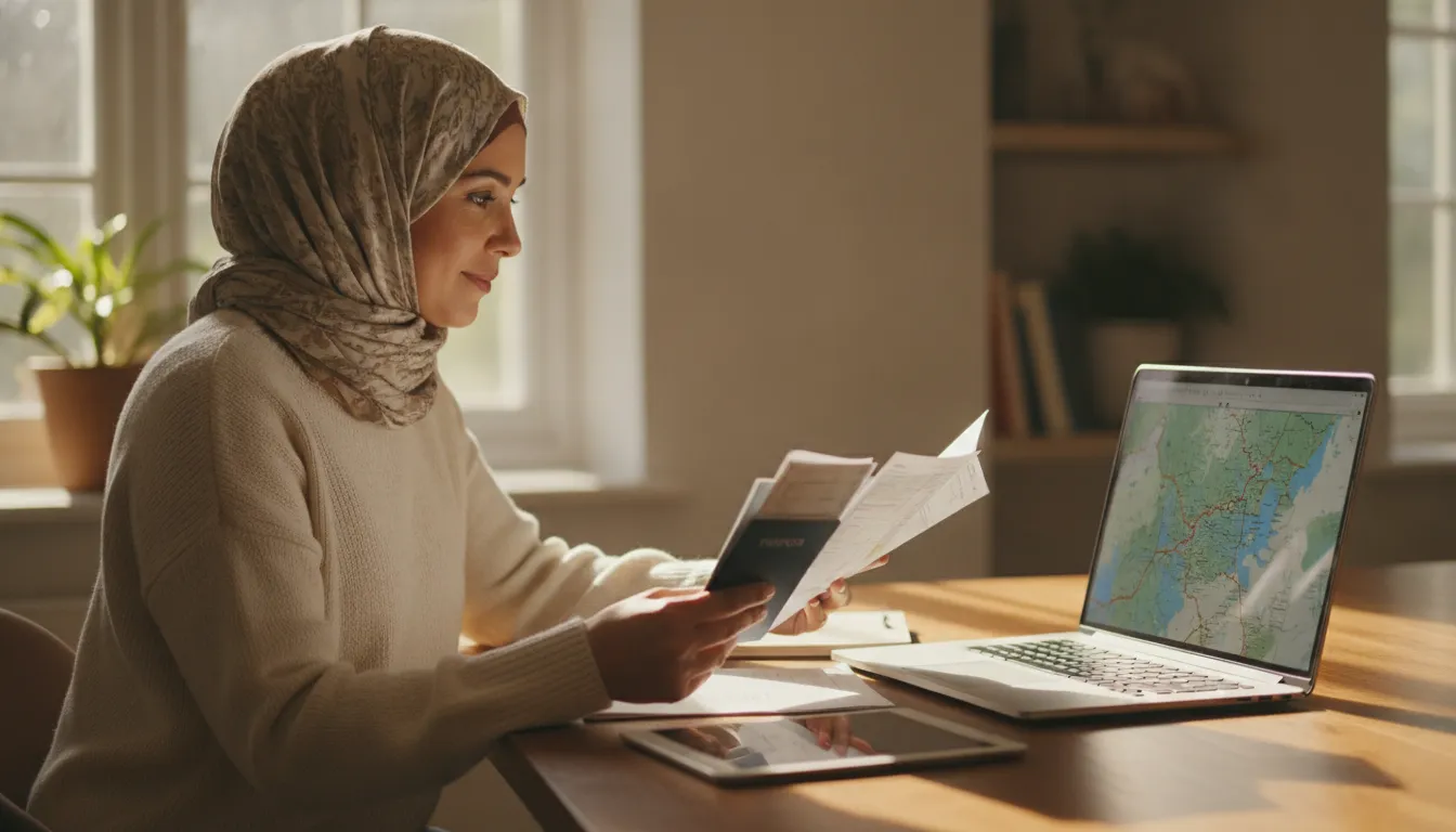 A British Muslim woman in her 30s sitting at a table at home, reviewing travel documents and a laptop with a destination map, with soft morning light coming through a window.