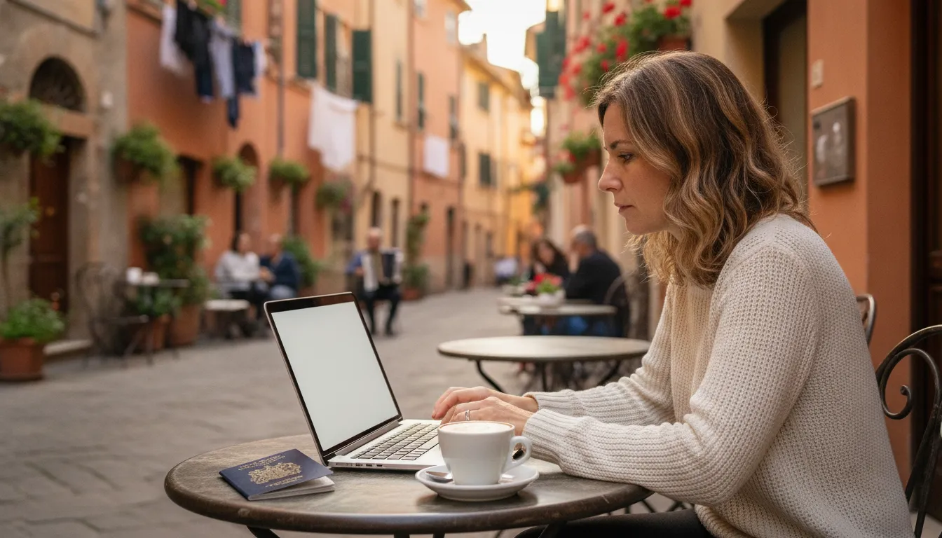 A person sitting at a cafe table in a picturesque Italian town, looking at a laptop with a UK passport nearby, suggesting planning a move.