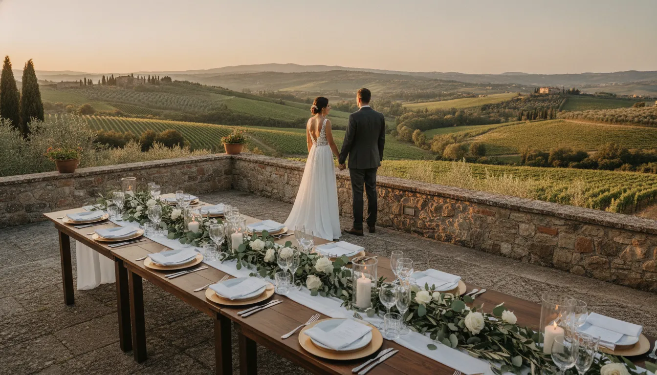 An elegant wedding reception table set outdoors on a terrace, with a view of the Italian countryside at sunset.