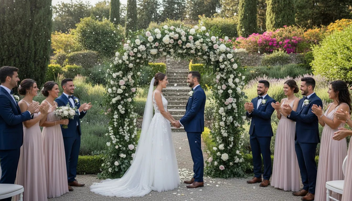 A couple getting married in an outdoor Italian garden, surrounded by cheering guests and lush greenery.