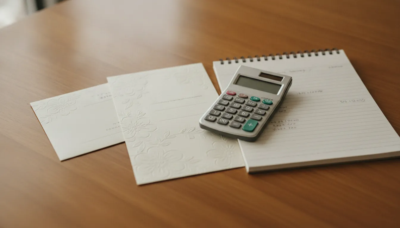 A wedding invitation, a calculator, and a notepad with budget details, symbolizing wedding cost planning.