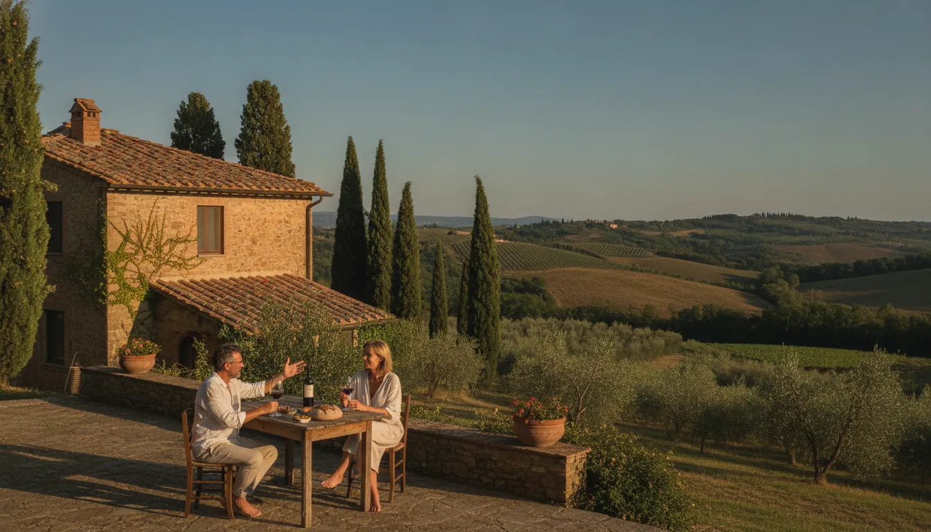 A beautiful Tuscan villa in Italy bathed in sunlight.