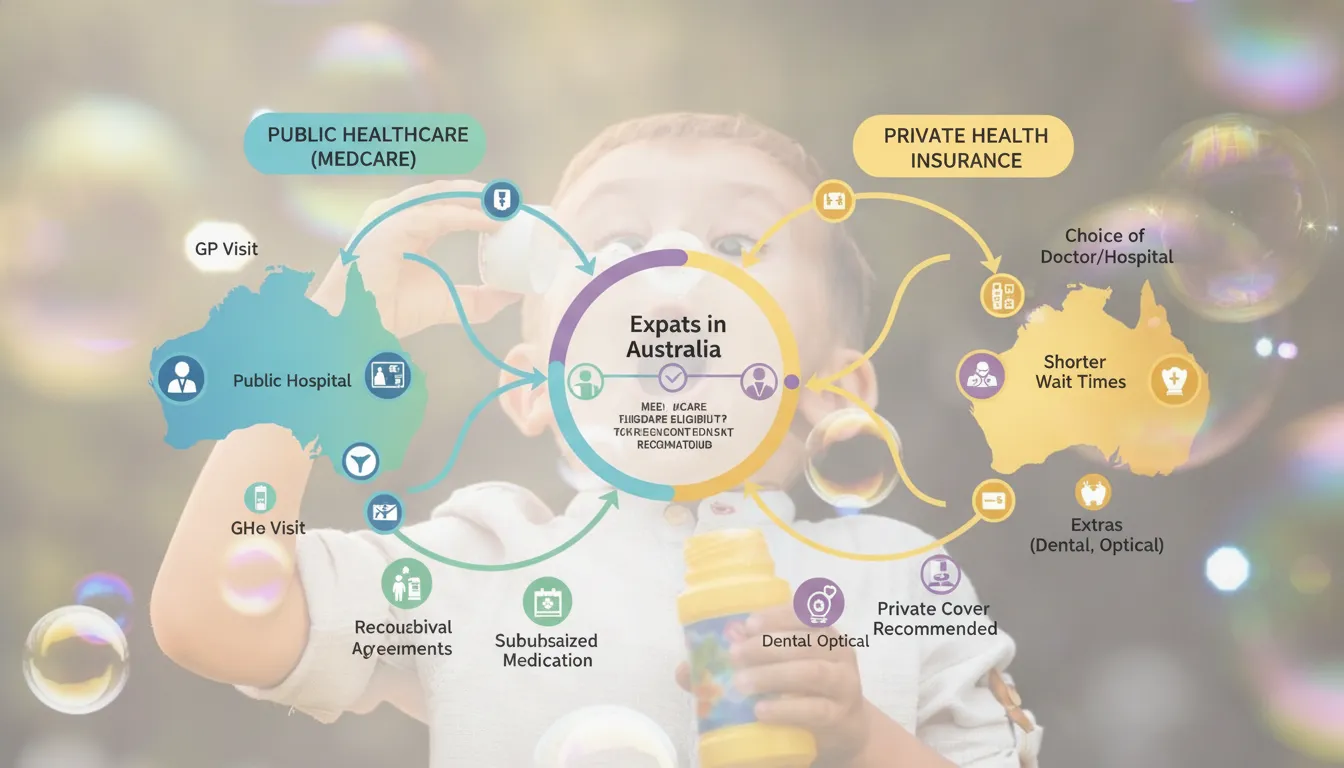 Diagram illustrating the Australian healthcare system with public Medicare and private health insurance options.