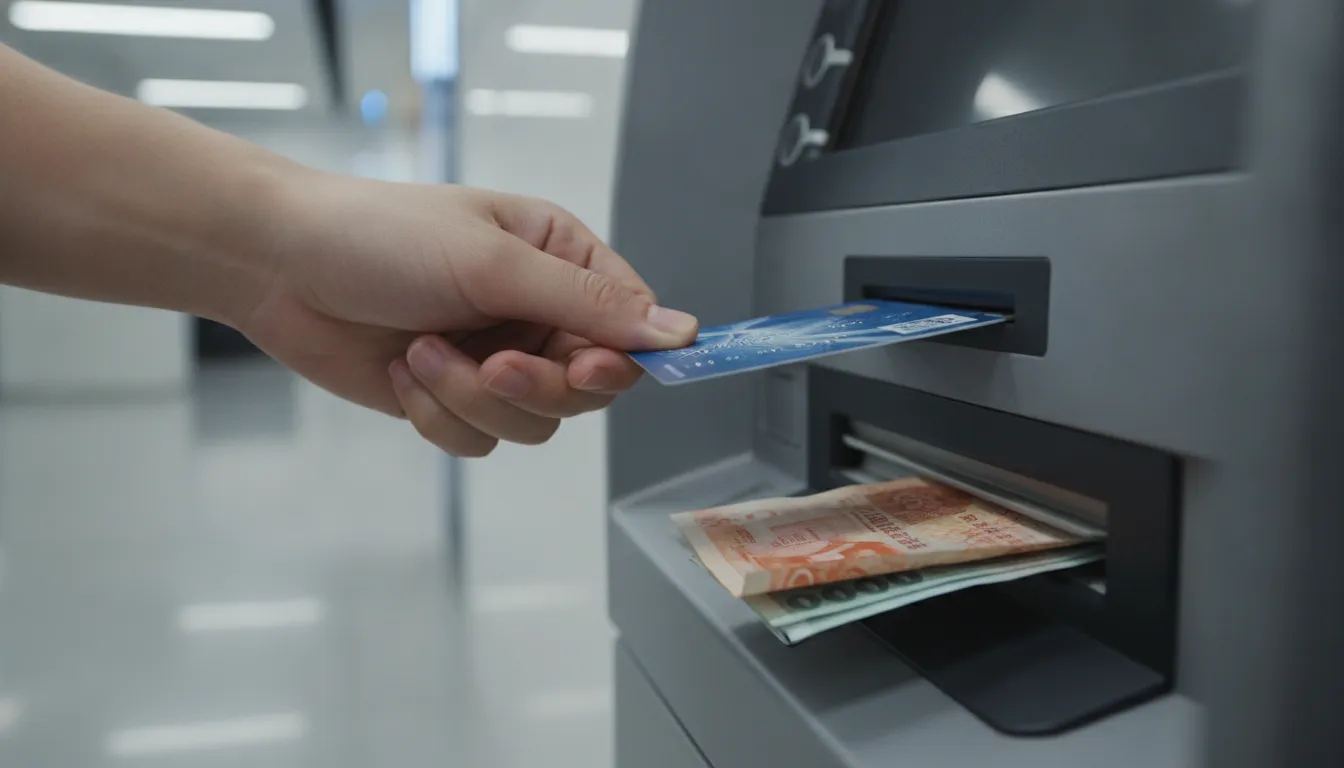 Person’s hand inserting a debit card into a Hong Kong ATM with cash dispensed.