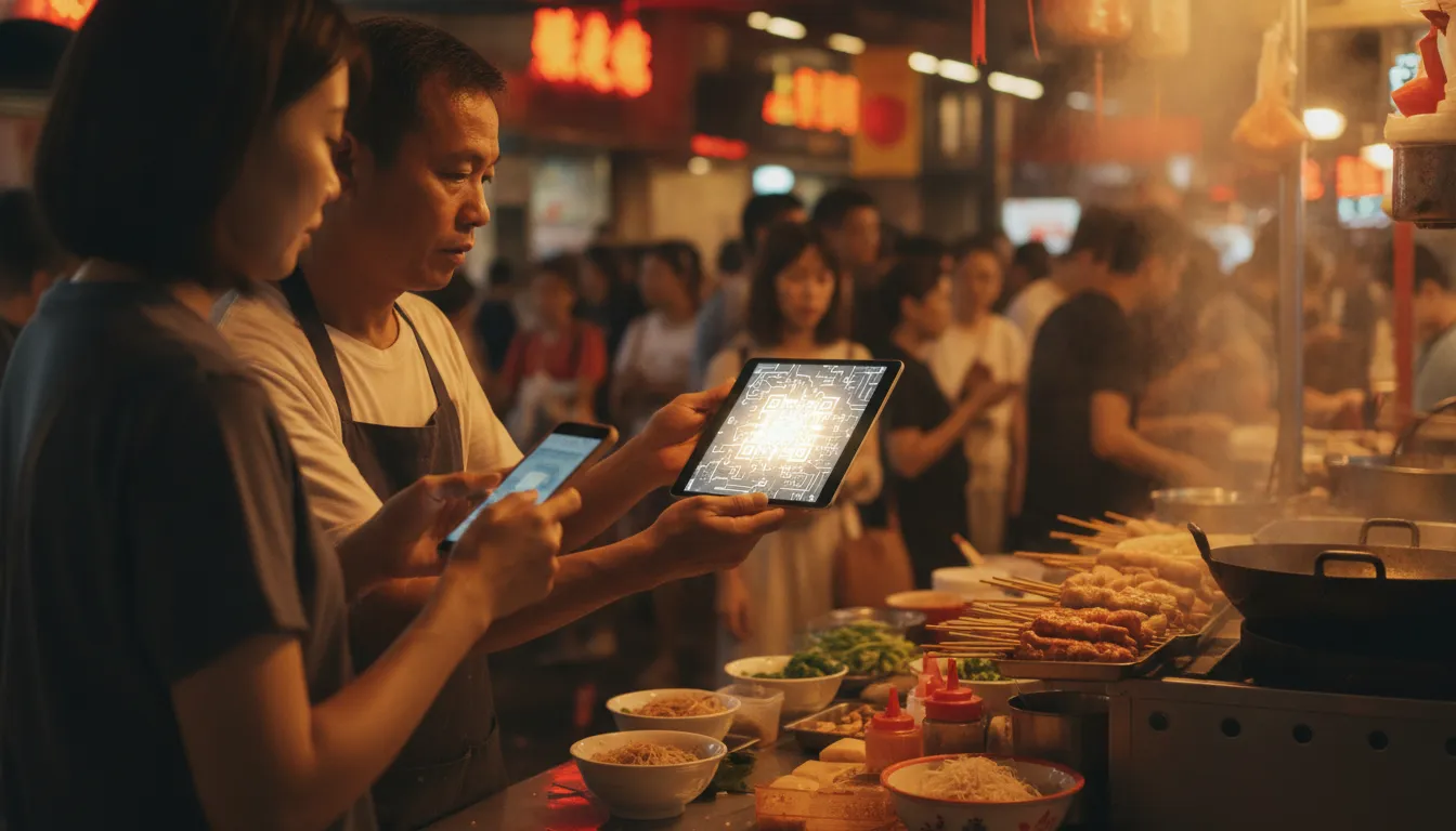 Vendor at a Hong Kong street food stall accepting mobile payment via QR code.