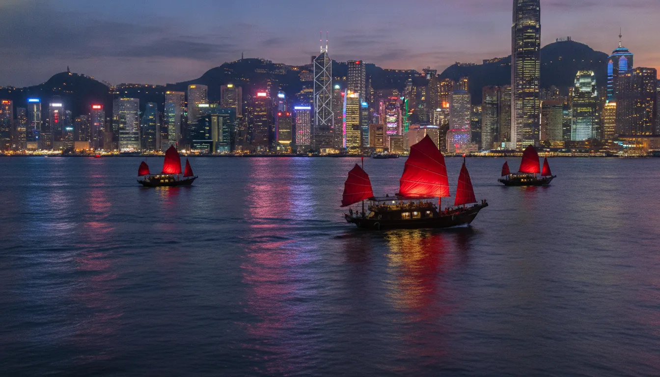 Hong Kong skyline at dusk with illuminated skyscrapers and Victoria Harbour.