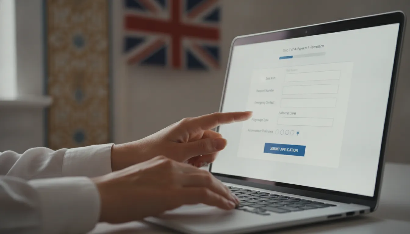 Hands on a laptop, showing the Nusuk Hajj platform for visa application with forms and options.