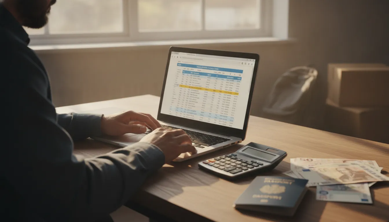 Person reviewing finances on a laptop with foreign currency and a calculator on a desk.