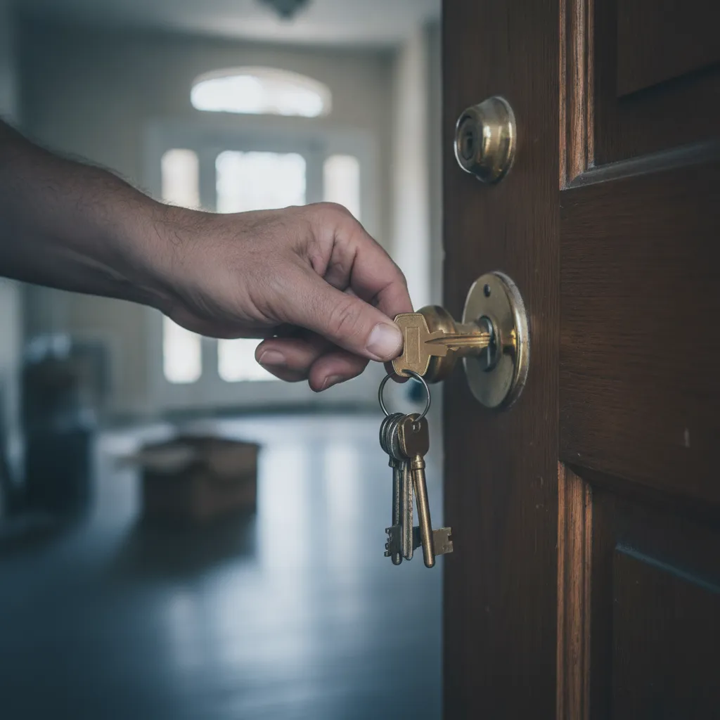 A hand inserting a key into a locked door, securing the property.