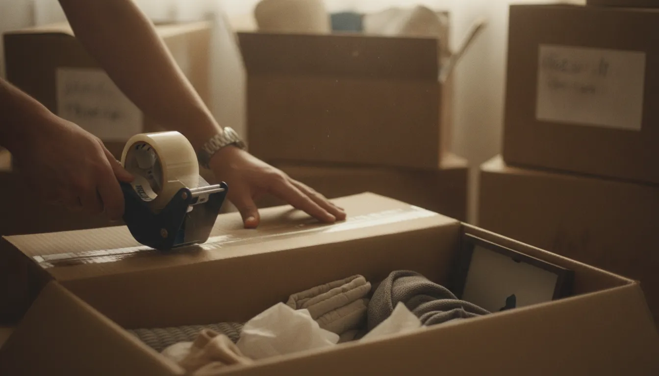Hands taping up a cardboard box filled with items, surrounded by other packed boxes.