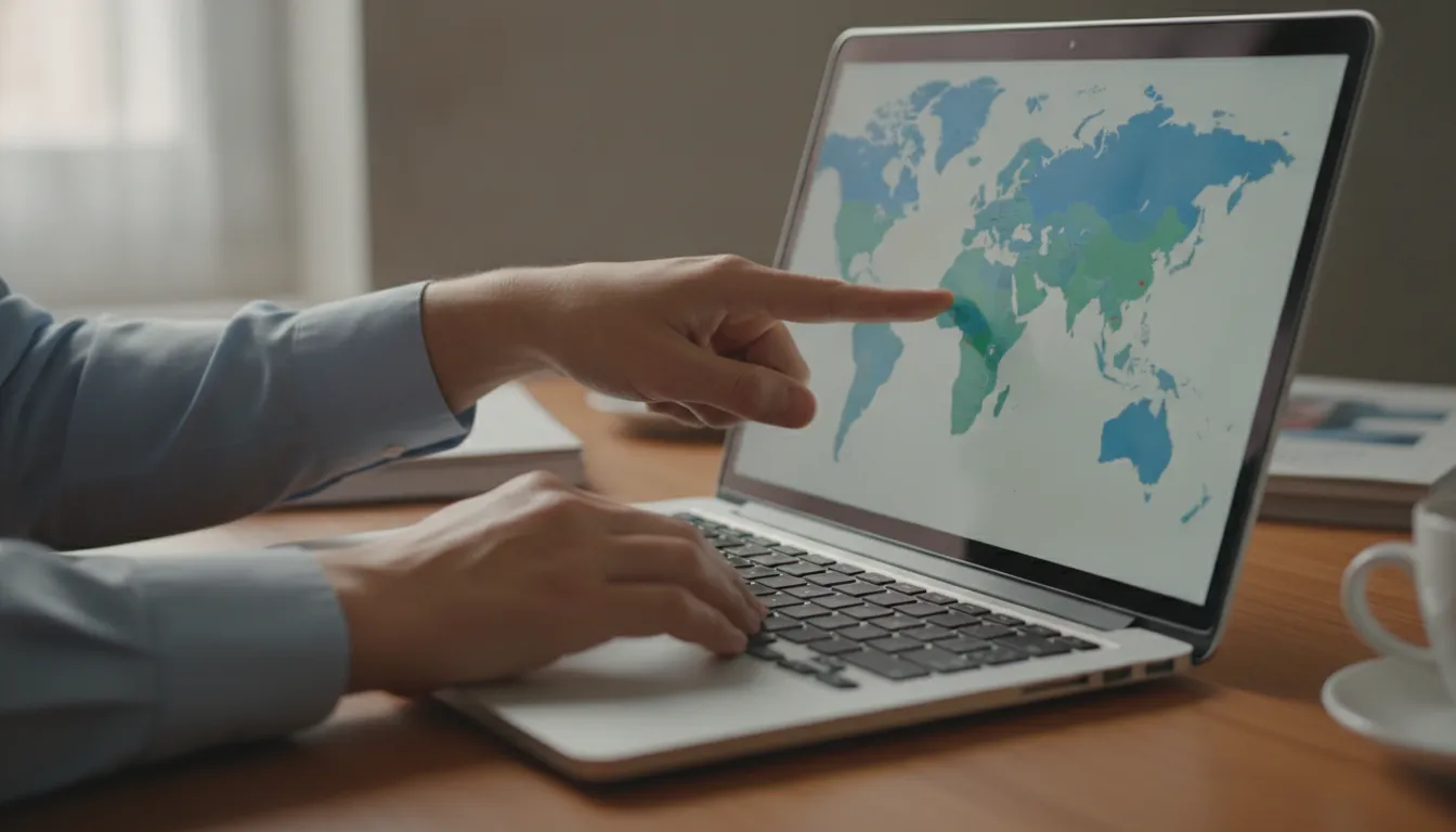 Person viewing a digital world map on a laptop with healthcare symbols