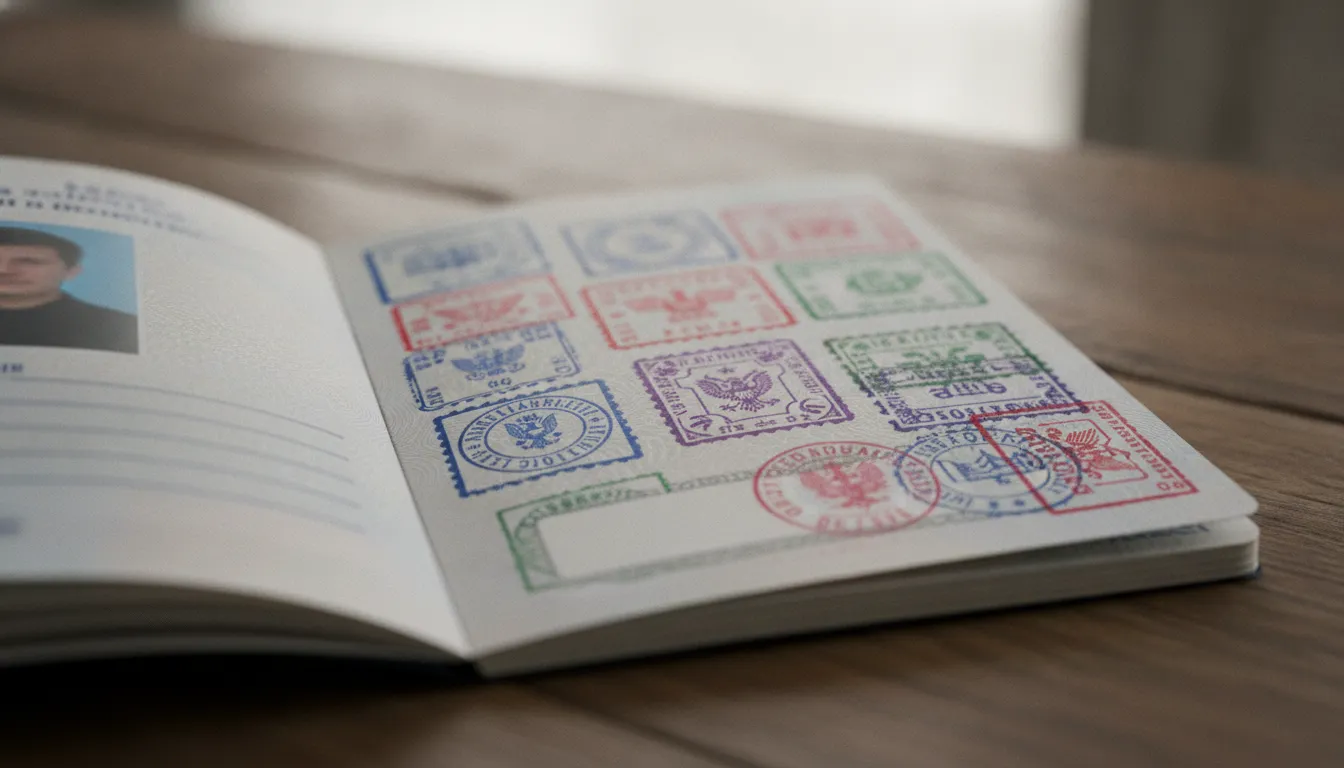 Passport open to a page with multiple immigration stamps