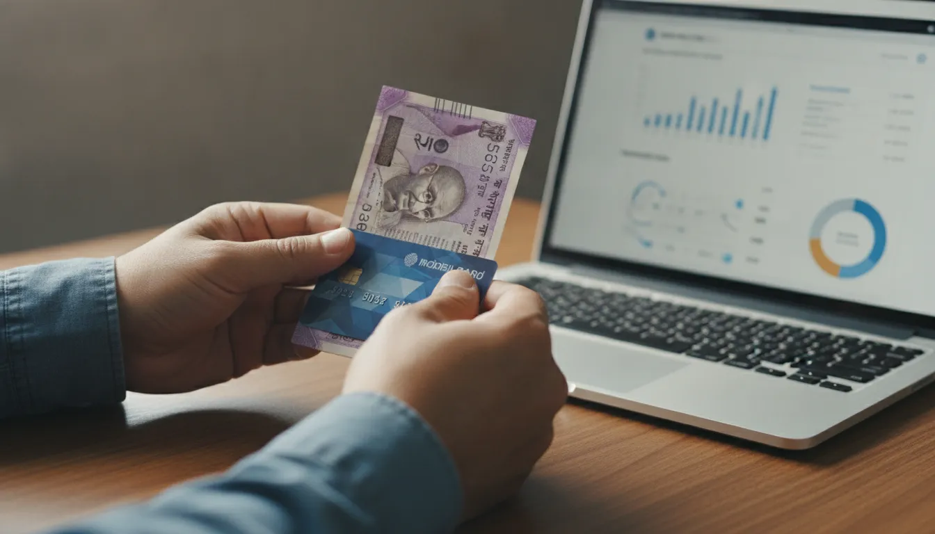 Hands holding Indian currency and a bank card, with an online banking screen on a laptop.