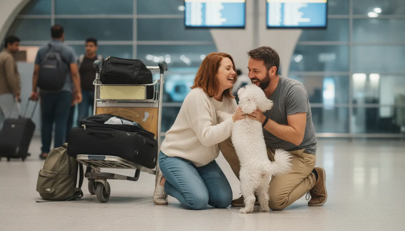 A British couple embracing their small dog at an Indian airport, indicating a pet relocation.