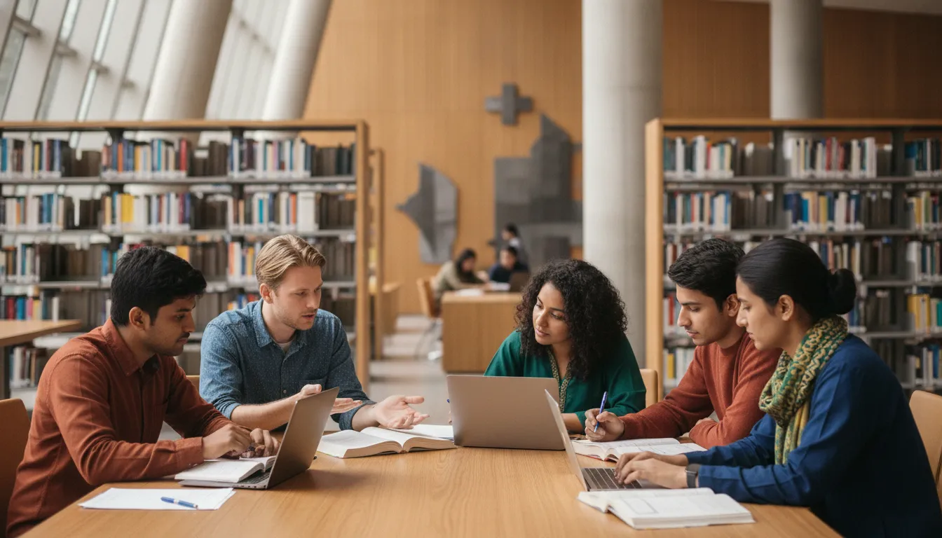 International students, including a British student, studying together in an Indian university library.